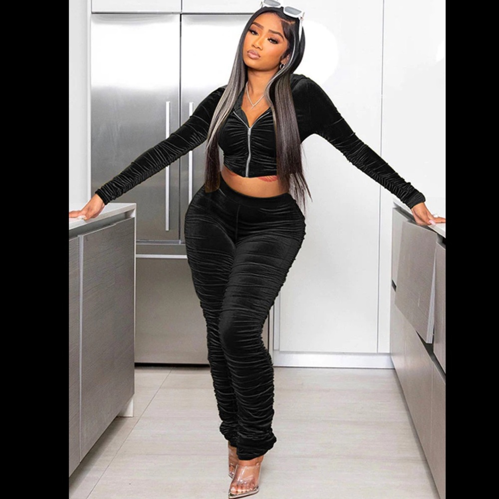 2 Piece  Zip Up Hooded Sweatshirts with Ruched Velvet Track pants